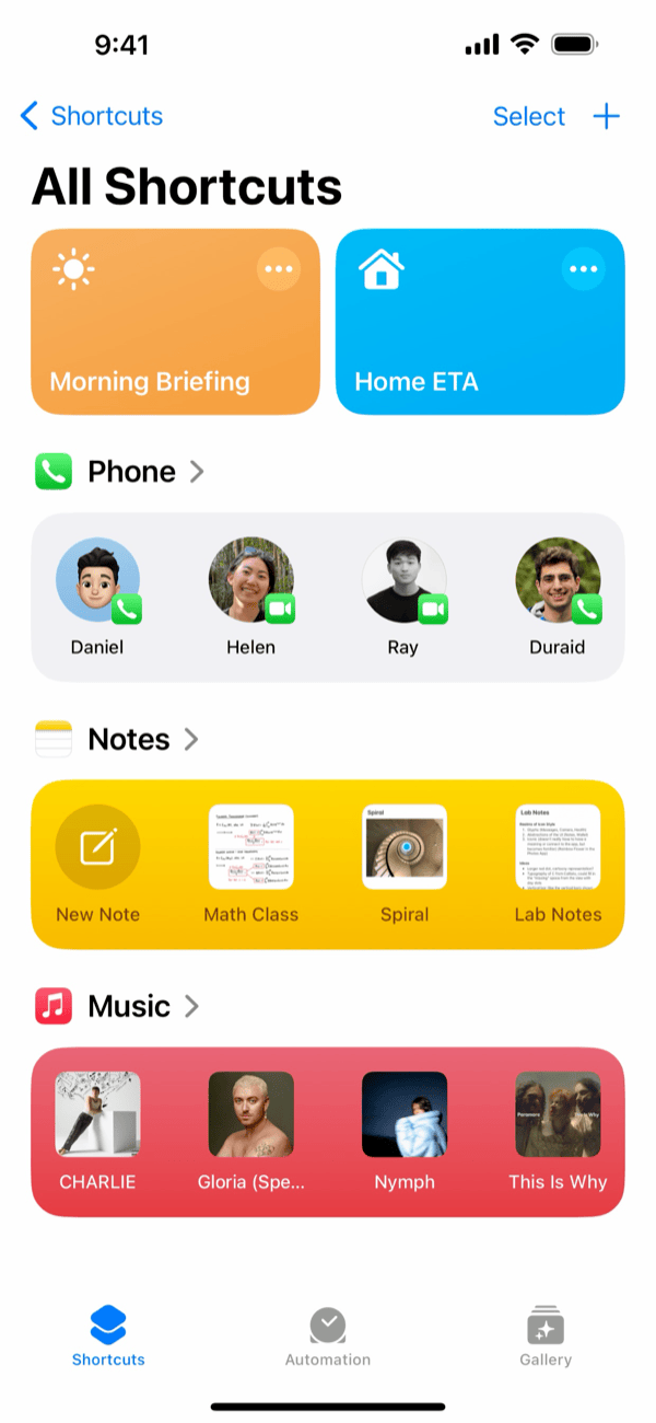 Apple Shortcuts app's All Shortcuts library screen with tiles like Morning Briefing and Home ETA