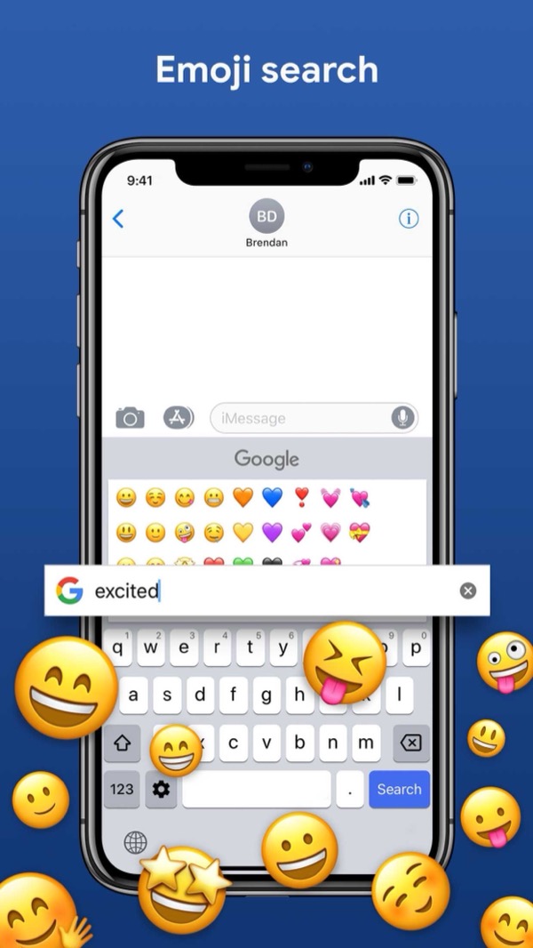 Gboard's Google-branded emoji search bar showing results for the word 'excited' inside an iMessage thread