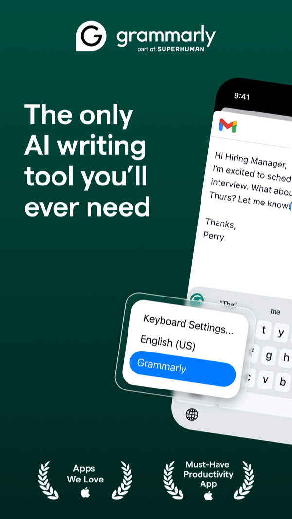 A Mail draft with the Grammarly keyboard's suggestion bar active, and the iOS keyboard picker showing Grammarly selected