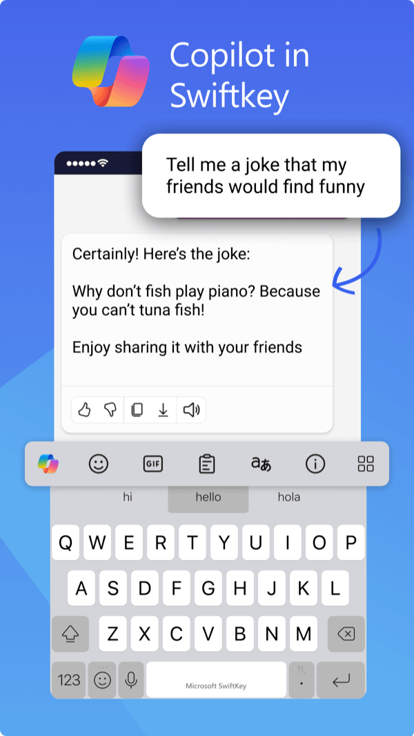 SwiftKey's Copilot AI chat panel inside the keyboard answering a prompt, with the standard QWERTY row below