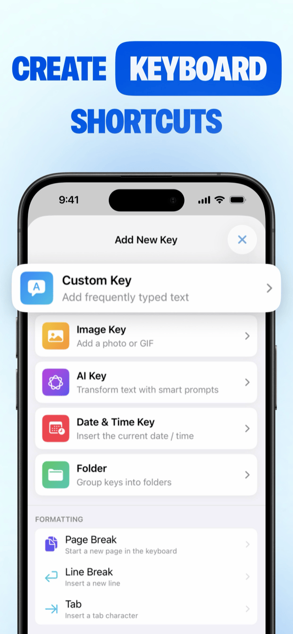 WordBoard's Add New Key screen, listing Custom Key, Image Key, AI Key, Date & Time Key, and Folder options