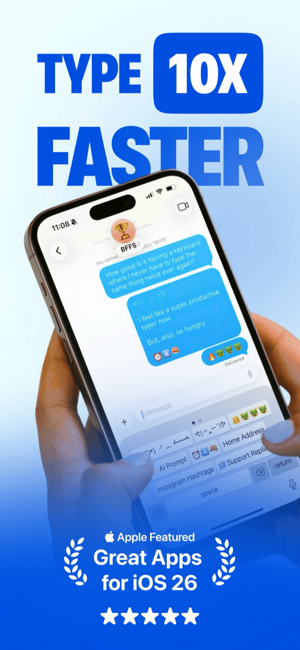 WordBoard keyboard open in Messages, showing a grid of labelled keys including Home Address, Instagram Hashtags, and Support Reply