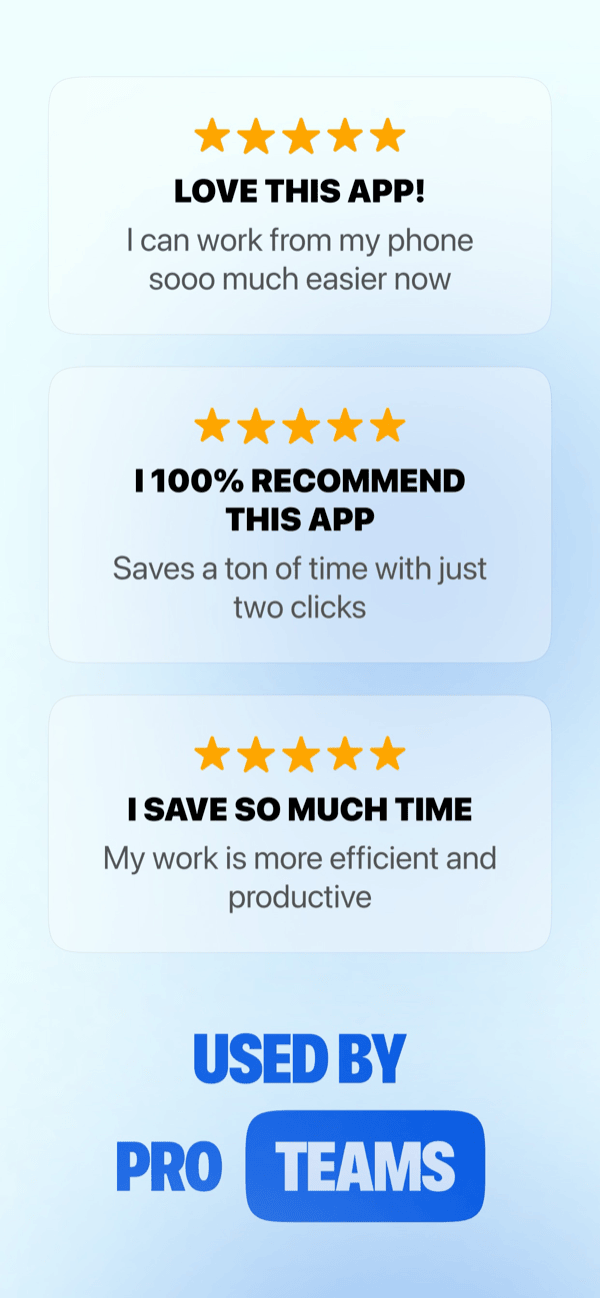 WordBoard App Store marketing screenshot showing three five-star review cards and a 'used by pro teams' banner