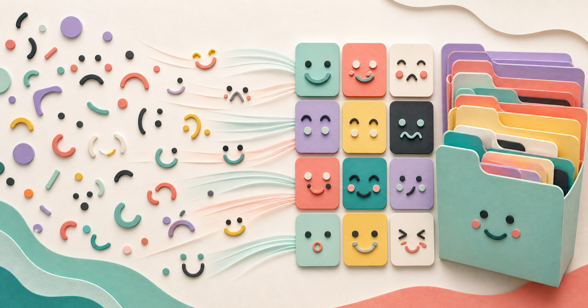 Abstract illustration of expressive symbols being organized into reusable kaomoji collections