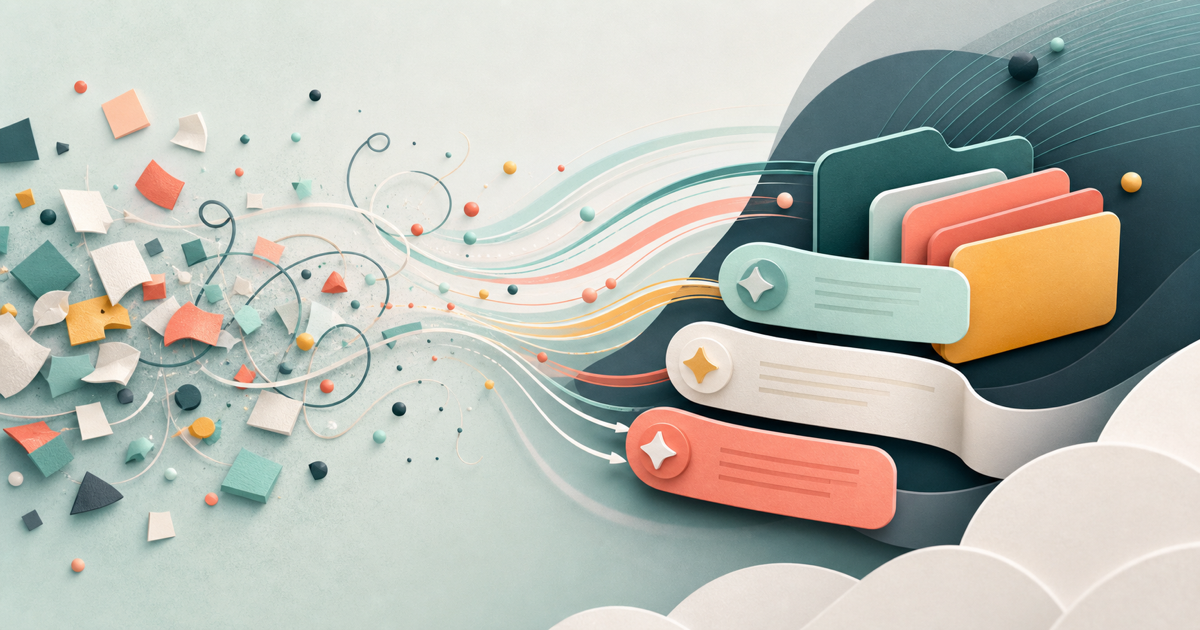 Abstract illustration of repeated typing fragments becoming organized shortcut collections