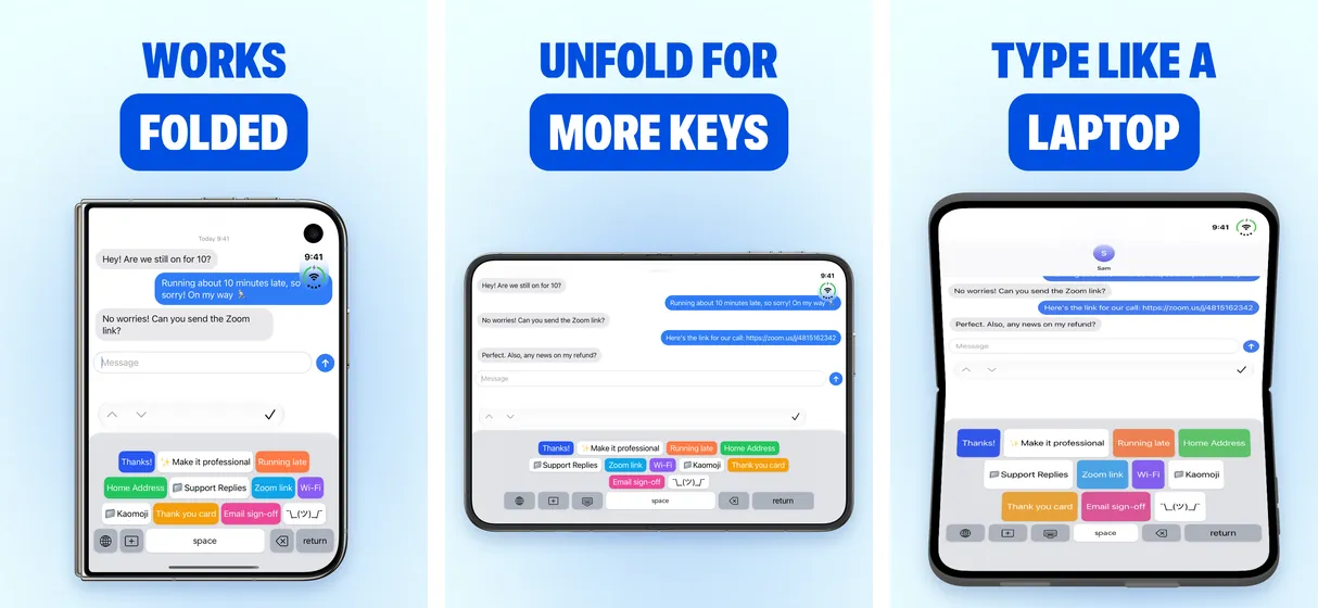 Three WordBoard App Store screenshots for iPhone Duo: Works Folded, Unfold for More Keys, and Type Like a Laptop