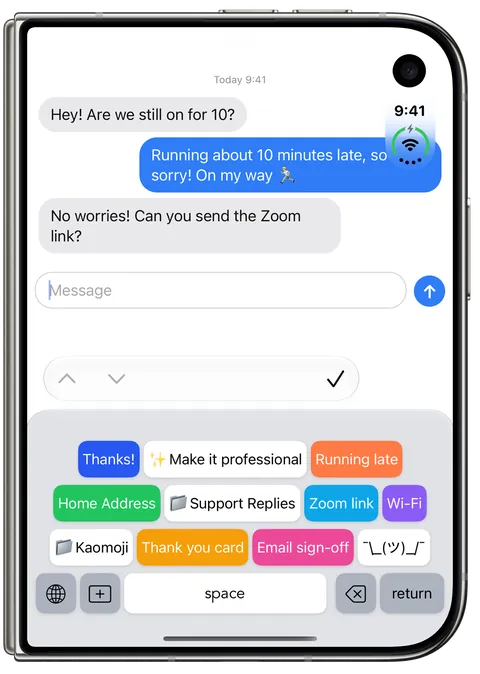 WordBoard keyboard on the folded iPhone Duo outer screen in Messages, with saved reply keys above the globe, add, space, delete, and return keys