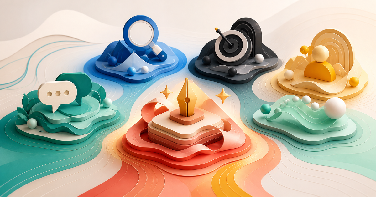 Abstract illustration of different custom keyboard use cases arranged as productivity islands