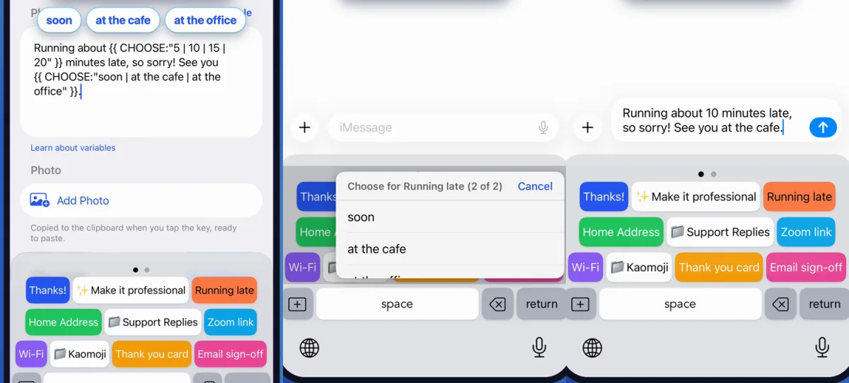 Three steps of the Choose variable in WordBoard: a Running late key with two CHOOSE lists in the key editor, the choose menu asking for the second option over the keyboard, and the finished message in Messages