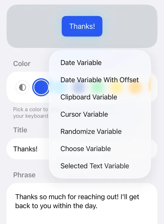 The Variable menu in WordBoard's key editor, listing Date, Date With Offset, Clipboard, Cursor, Randomize, Choose, and Selected Text variables