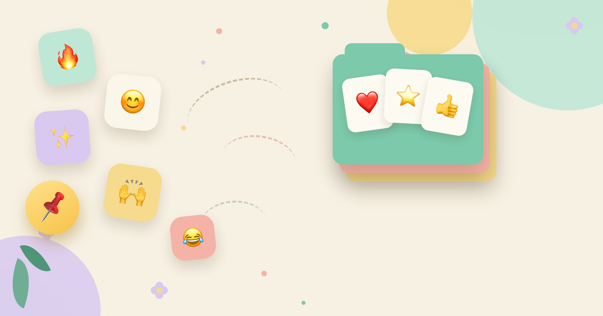 Cute paper-craft emoji keys like fire, heart, star, and thumbs up being pinned and organized into a favorites folder