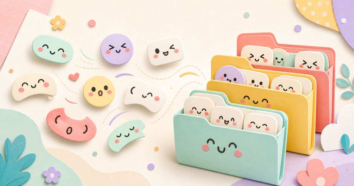 Cute abstract kaomoji faces being organized into colorful folders