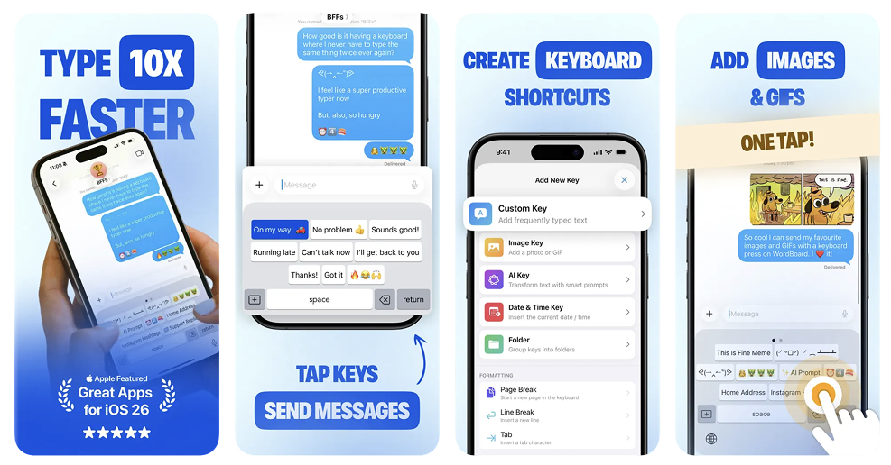 WordBoard Keyboard screenshots showing snippet keys and folders